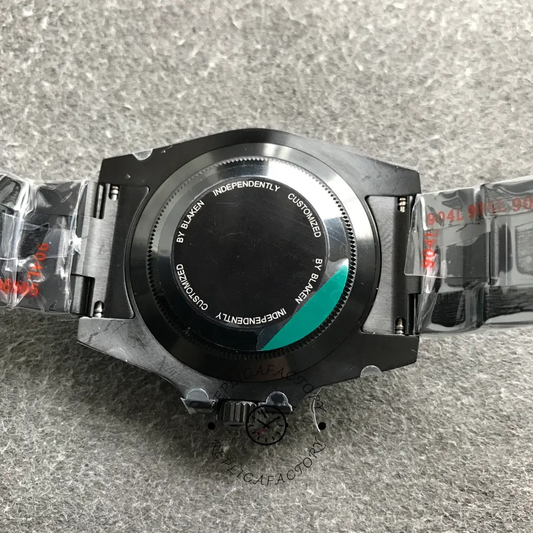 Rolex Submariner Date 116610LN, caseback view with black PVD bracelet.