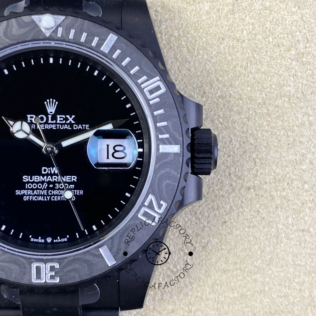 Close-up of Rolex Submariner DIW 116610LB dial with luminous markers and Mercedes hands.