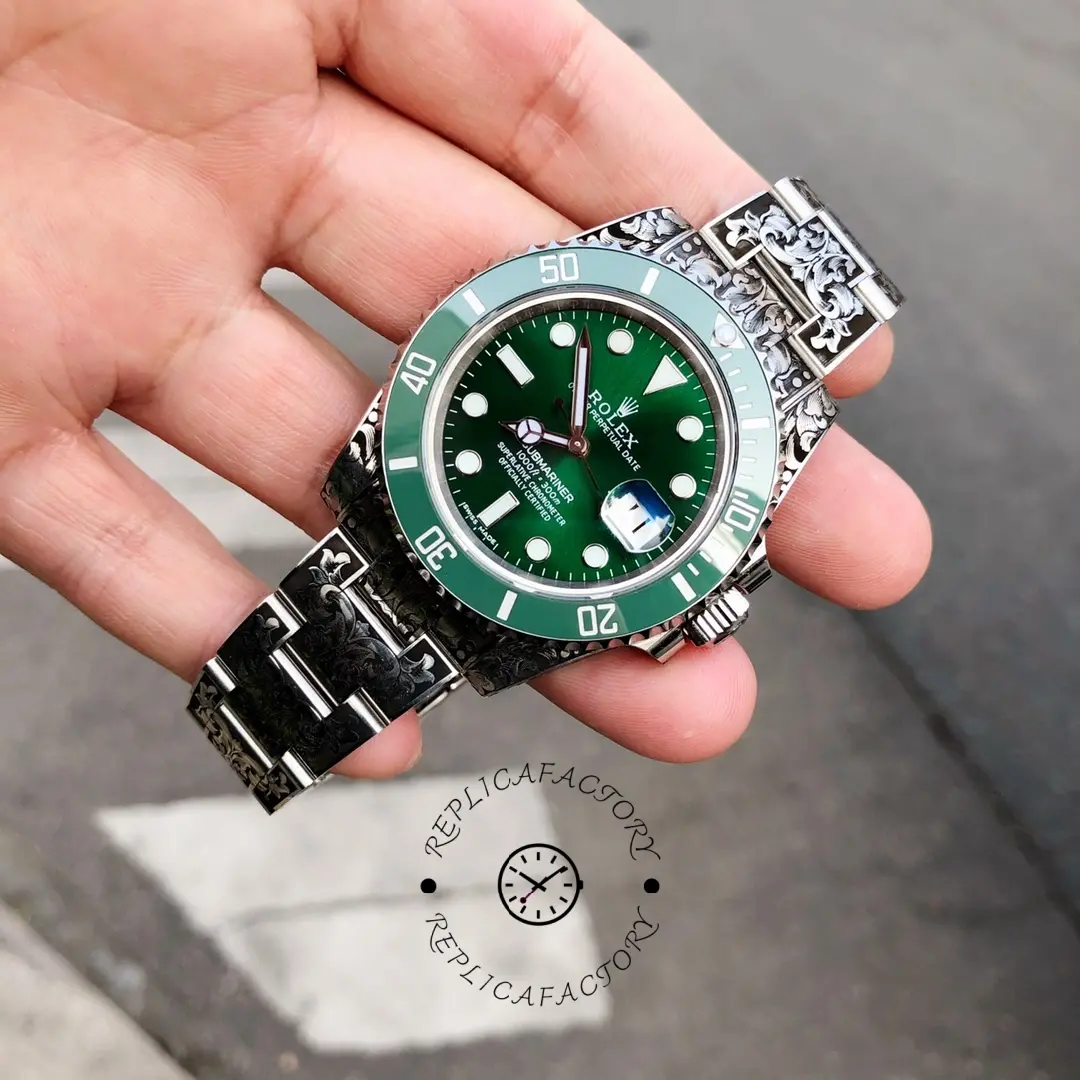 Rolex Submariner Huckleberry Custom Green, hand-held close-up of dial and bezel.