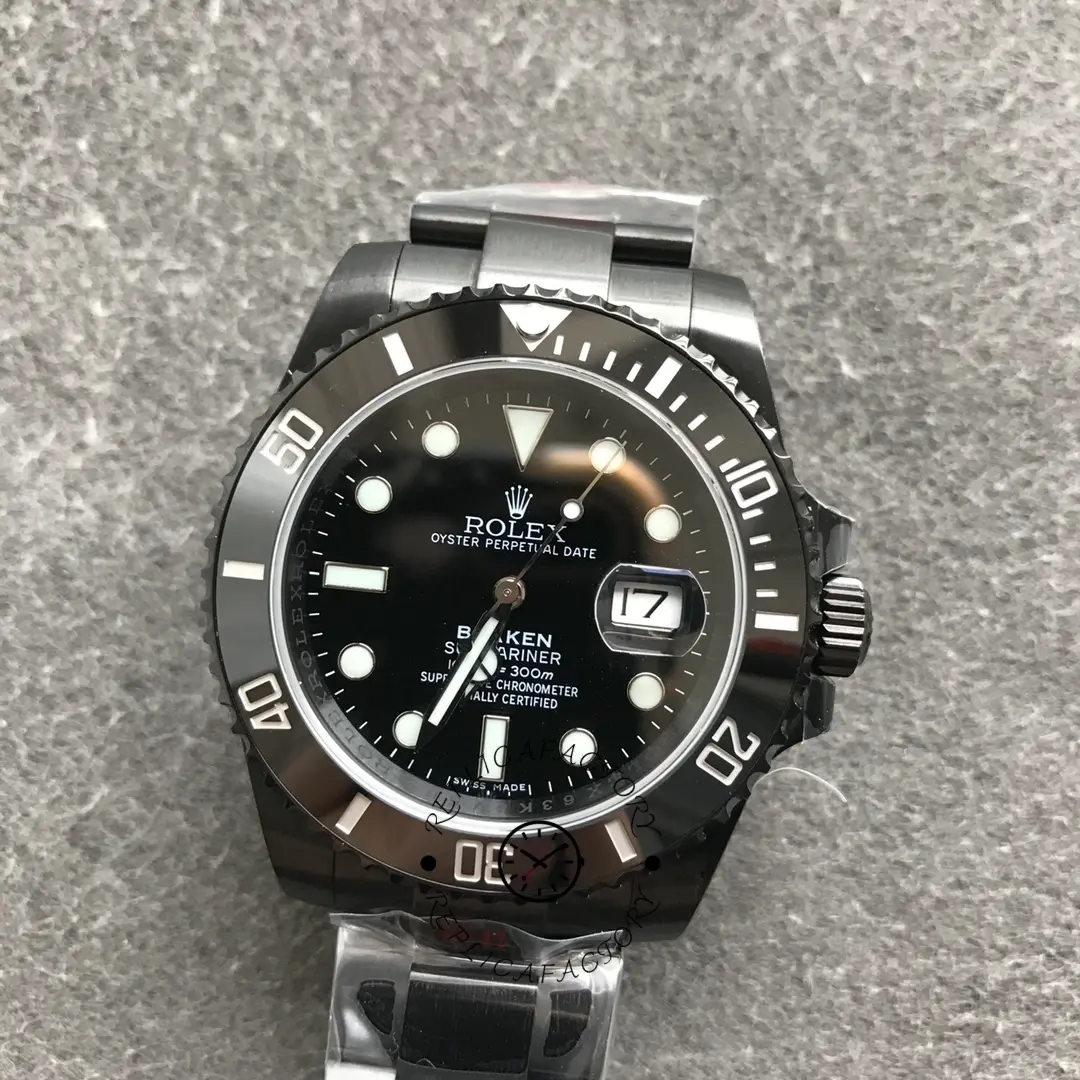 Rolex Submariner Date 116610LN, front view with black PVD bracelet attached.