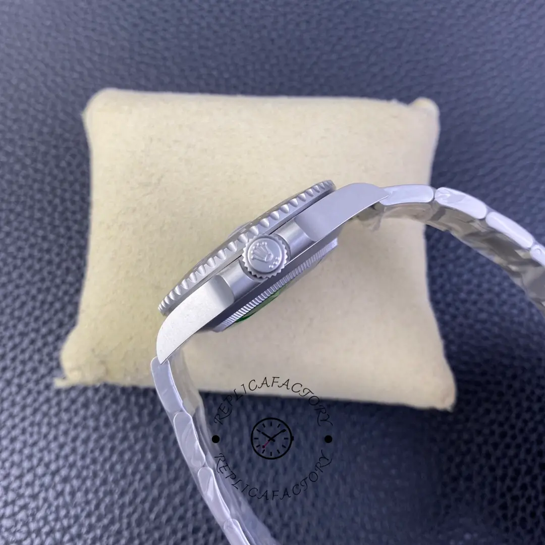 Side profile of Custom Rolex Submariner 116610 carbon fiber showing crown with case thickness.