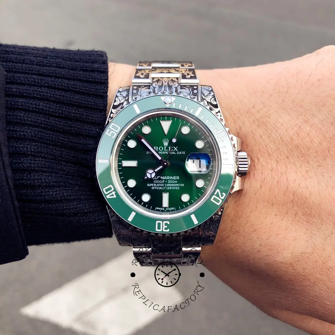 Rolex Submariner Huckleberry Custom Green, wrist shot showing green dial.