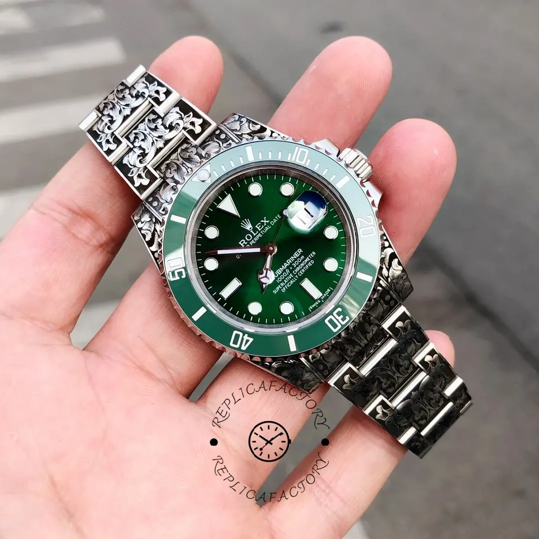 Rolex Submariner Huckleberry Custom Green, held in hand, full watch view.