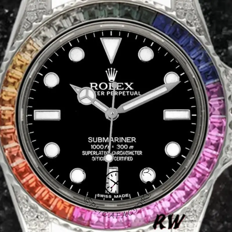 Dial close-up of Rolex Submariner 116610 showing black dial, luminous markers, and rainbow gem bezel.