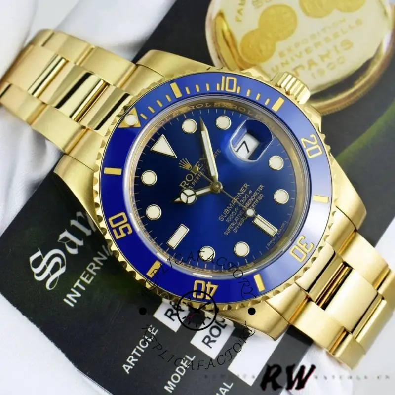 Close-up of Rolex Submariner 116618LB blue ceramic bezel markings.