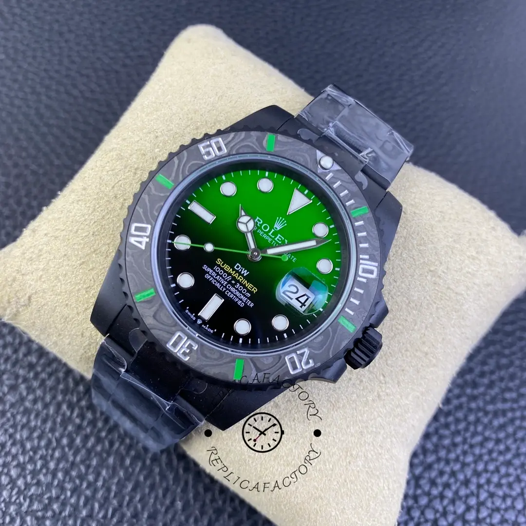 Top view of Rolex Submariner 116610LV on cushion showing green dial and black strap layout.