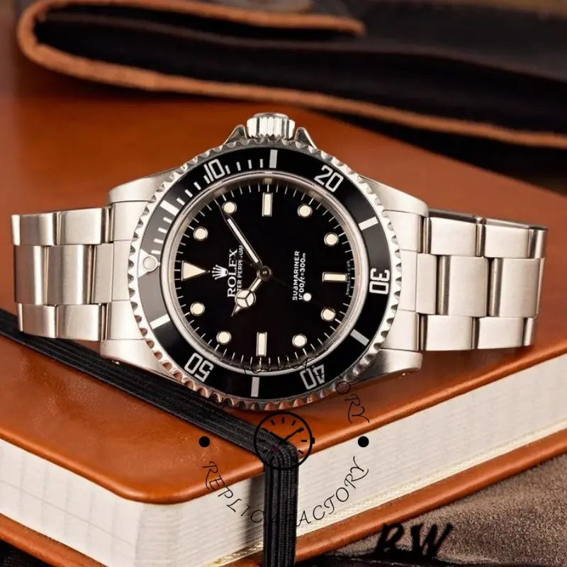 Rolex Submariner 14060M on leather tray, showing Oyster bracelet and dive bezel scale.