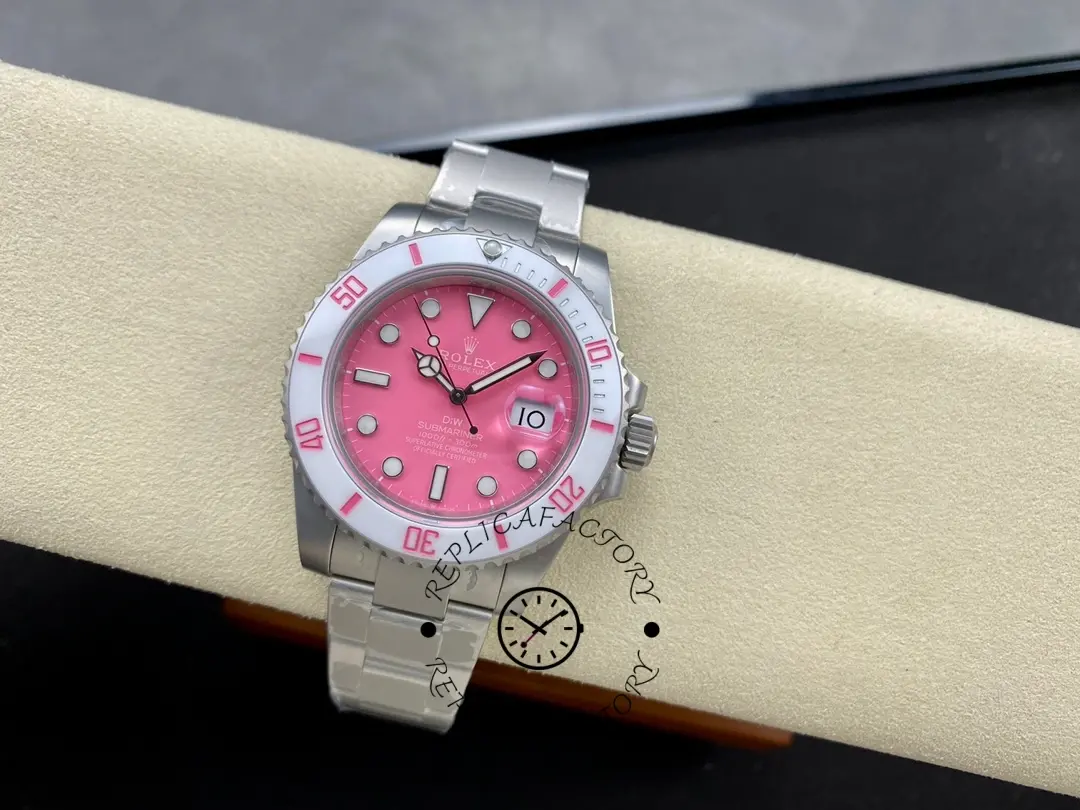 Rolex DIW Submariner Date 116610, small wrist-style shot showing pink dial on bracelet.
