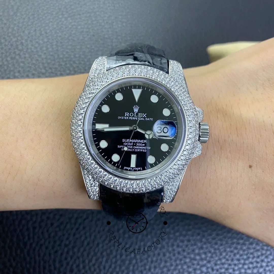 Rolex Submariner 116610, wrist shot showing diamond bezel presence.