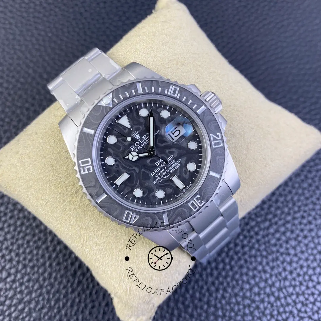 Custom Rolex Submariner 116610 carbon fiber, angled view on pillow showing bezel.