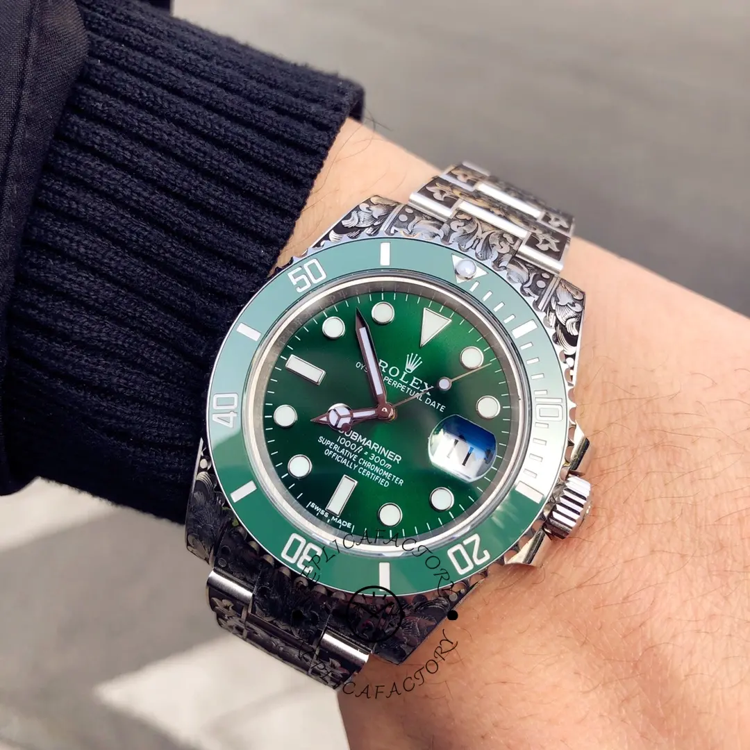 Rolex Submariner Huckleberry Custom Green, angled wrist view of case and bezel.