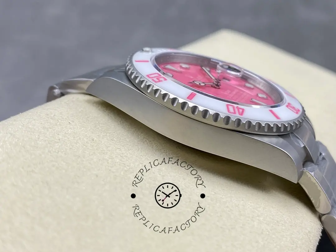 Rolex DIW Submariner Date 116610, side view on cushion showing the crystal and bezel.