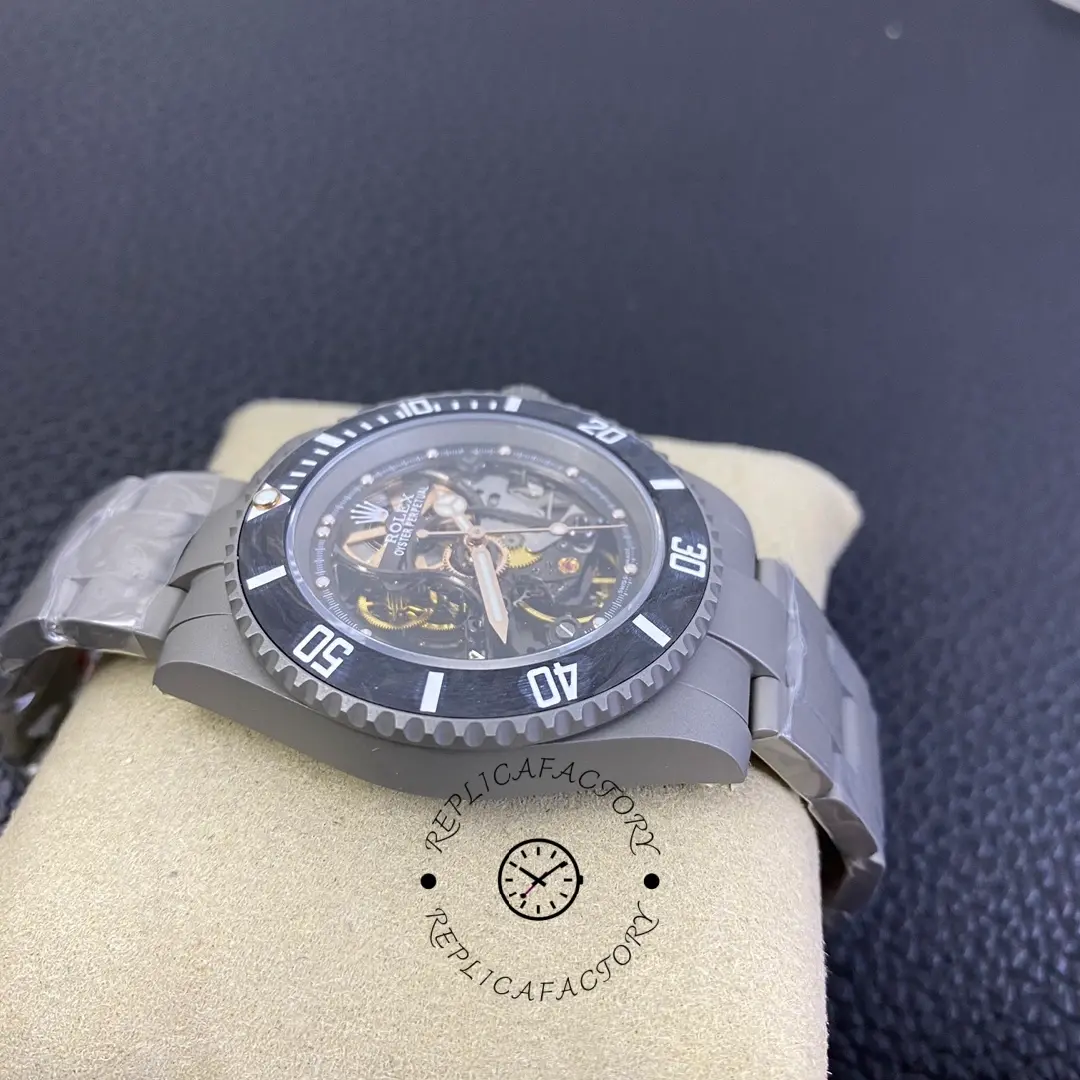 Rolex Submariner 114060, low-angle case view focusing on bezel teeth and case edge.