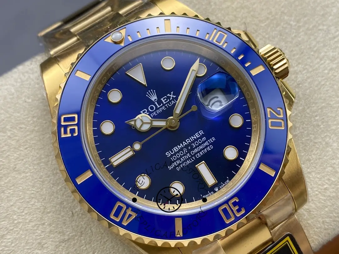 Close-up of Rolex Submariner 116618LB blue dial with luminous markers.