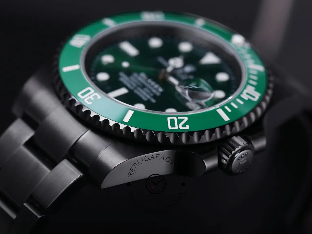 Side view of Rolex Submariner 116610LV showing the crown guard and screw-down crown.