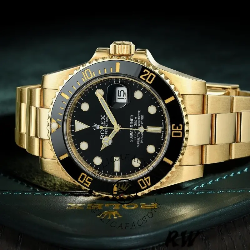 Studio shot of the Rolex Submariner Date 116618LN with black dial and gold bracelet.