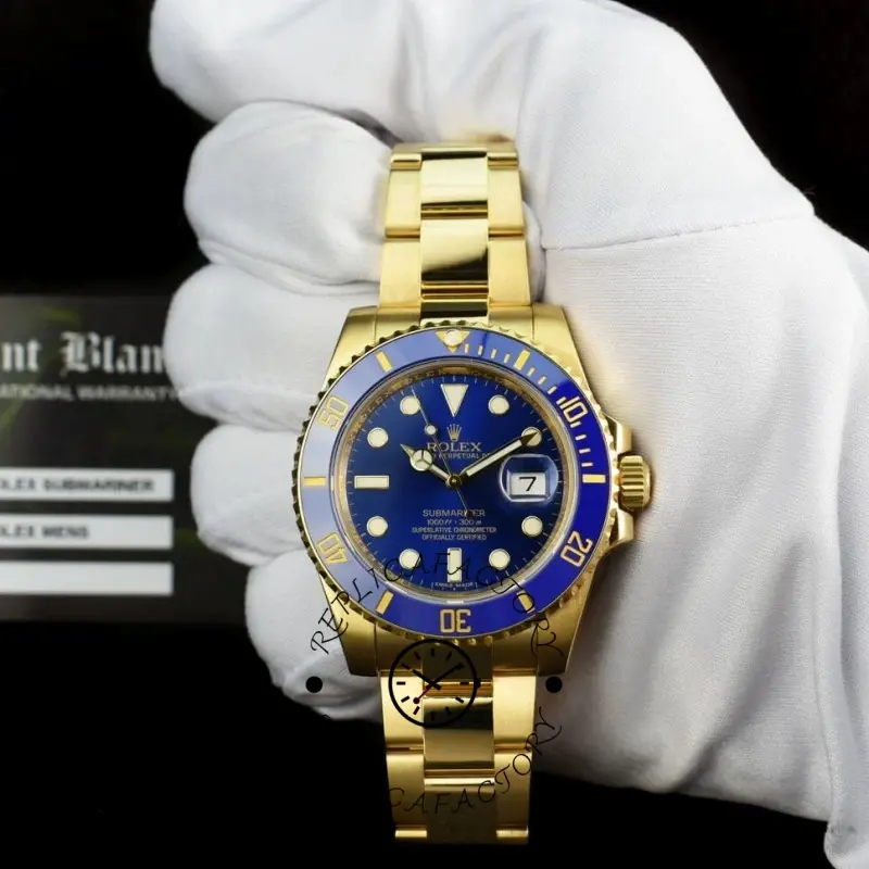 Gloved hand holding Rolex Submariner Date 116618LB blue dial watch.