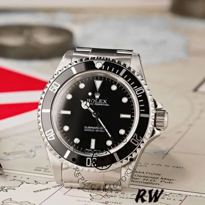 Rolex Submariner 14060M angled shot on map background, showing bezel teeth and luminous markers.