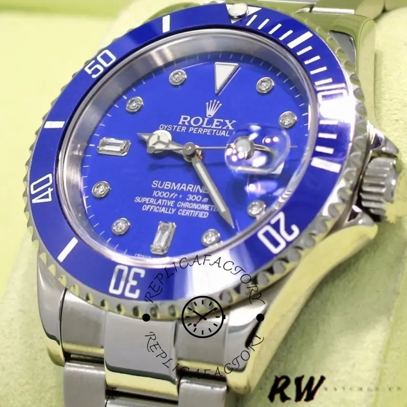 Side angle of Rolex Submariner 16610 highlighting the blue bezel, case profile, and bracelet.