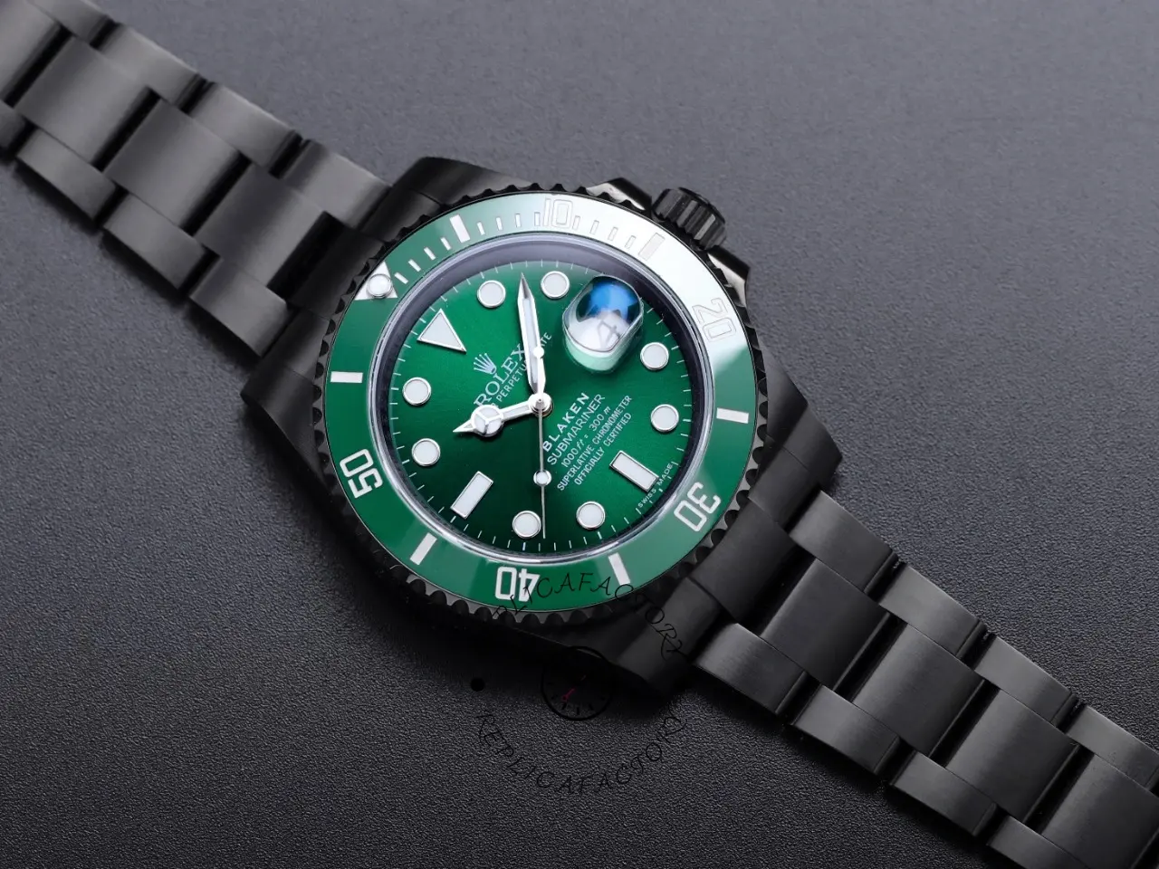 Top angle of Rolex Submariner 116610LV showing Mercedes hands and luminous hour markers.
