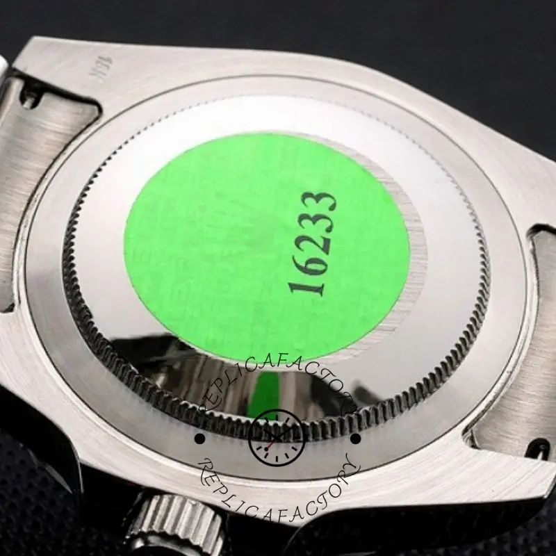 Rolex Submariner PR16233NBB, case back close-up with protective sticker.