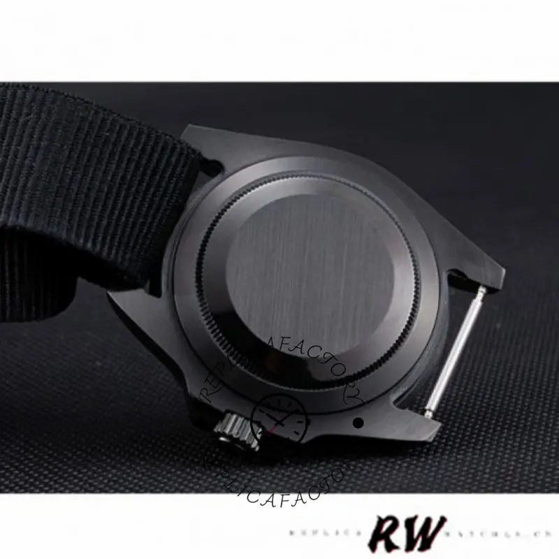 Rolex Submariner 622006 caseback close-up, showing the solid steel back on nylon strap.