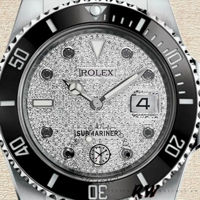 Rolex Submariner 116610, diamond paved dial close-up, date window at 3 o’clock.