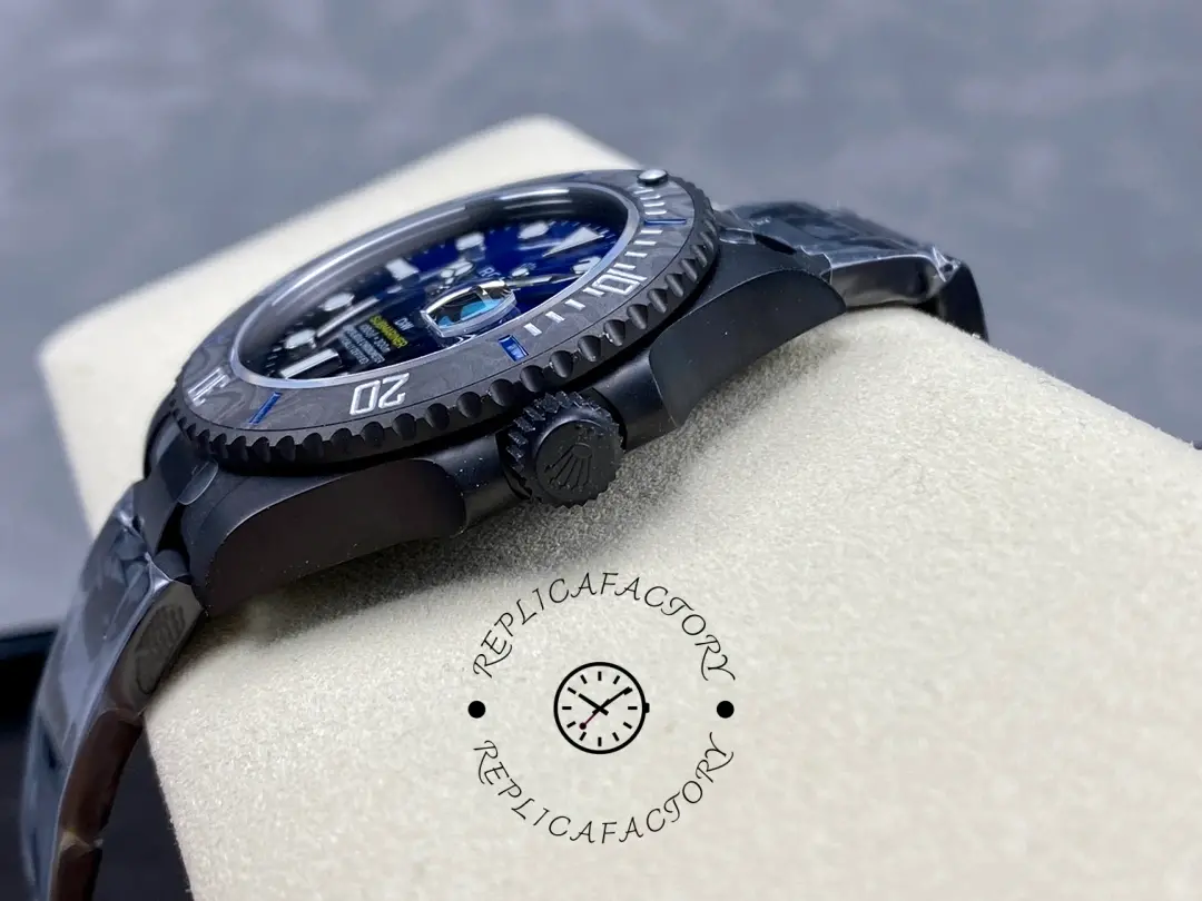 Crown-side view of Rolex Submariner DIW 116610 showing screw-down crown and black coated case.