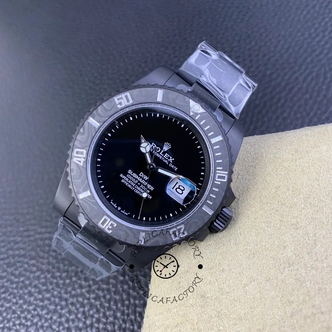 Side angle of Rolex Submariner 116610LB DIW highlighting carbon bezel edge.