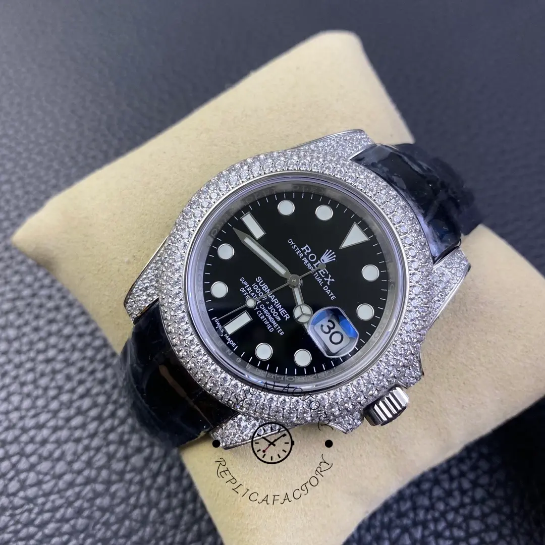Rolex Submariner 116610, front angled view with black dial and diamond case.