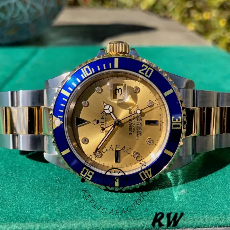 Rolex Submariner Date 16613, watch on green cushion outdoors, champagne dial and blue bezel visible.
