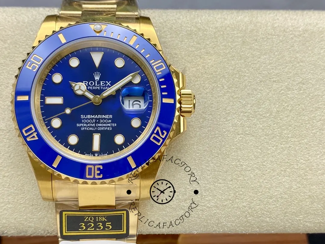 Rolex Submariner Date 116618LB on cushion, blue ceramic bezel visible.