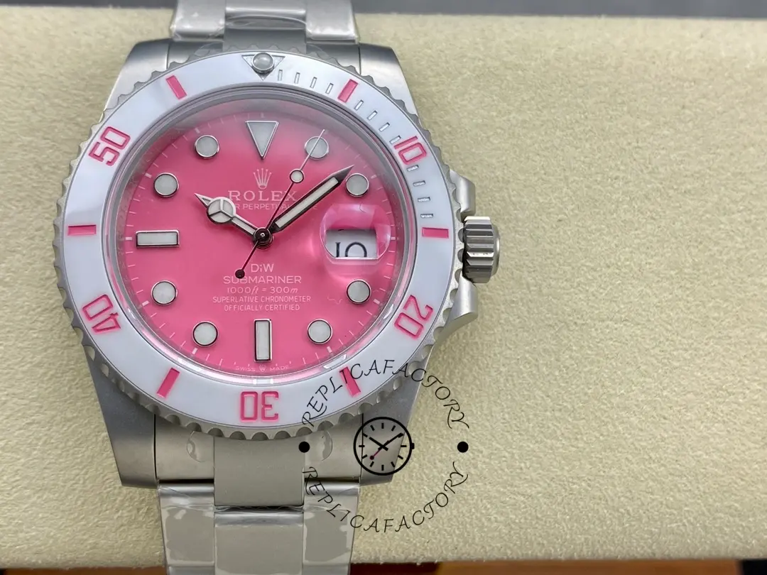 Rolex DIW Submariner Date 116610, front view on cushion showing pink dial and bezel.