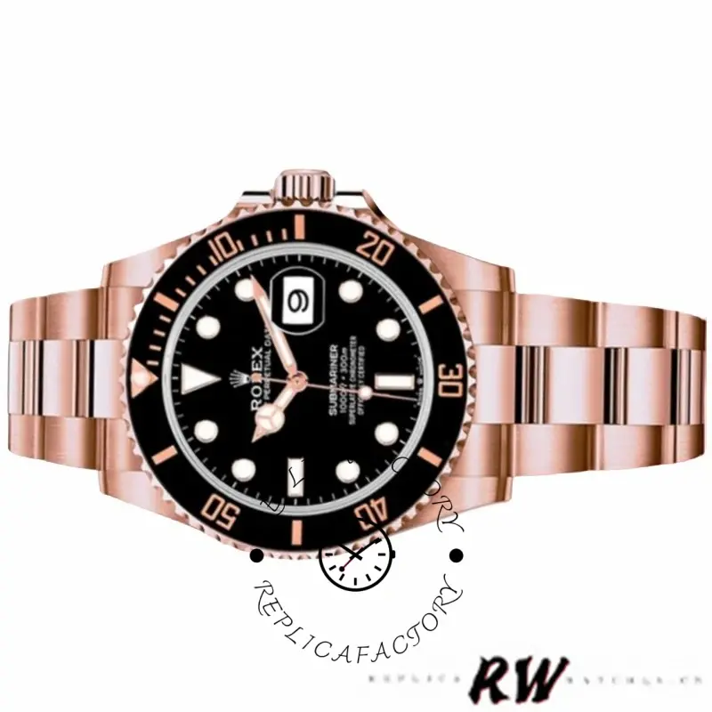 Rolex Submariner 126605 front view on white background, rose gold bracelet and black bezel.