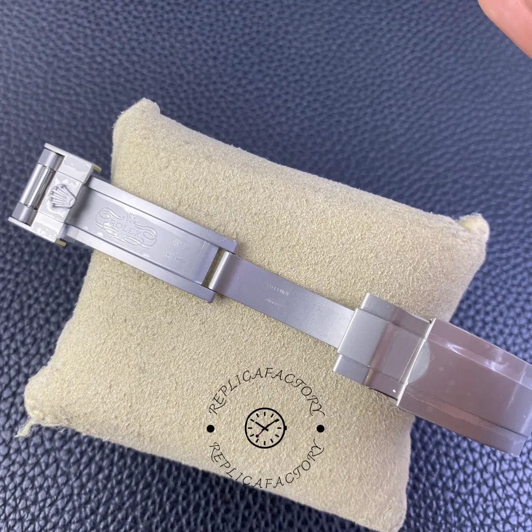 Bracelet clasp detail of Custom Rolex Submariner 116610 carbon fiber, open clasp view.