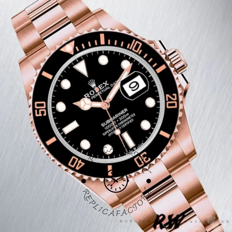 Rolex Submariner 126605 angled view, showing bezel numerals and rose gold bracelet links.
