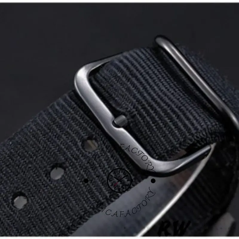 Rolex Submariner 622006 strap buckle close-up, showing the black hardware and weave detail.