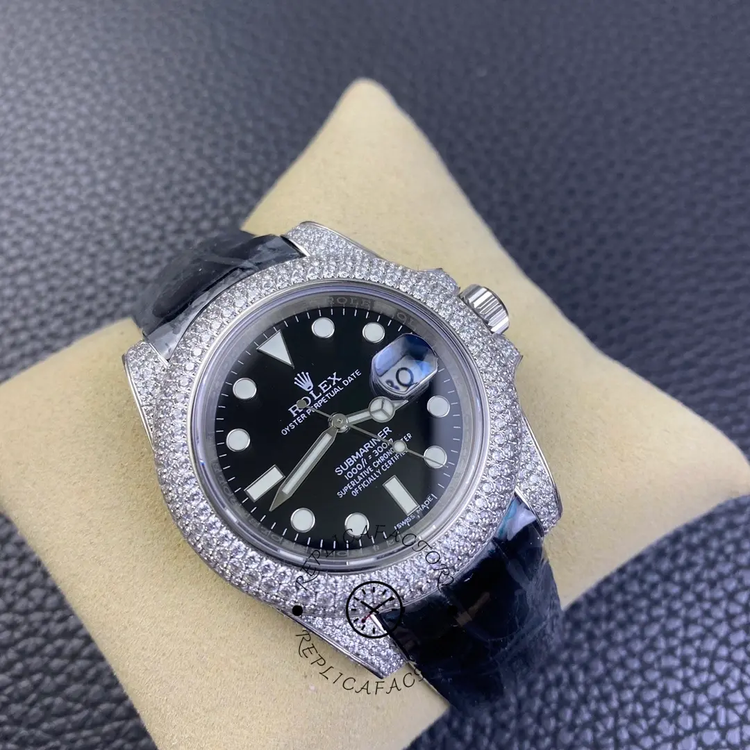 Rolex Submariner 116610, angled pillow view highlighting diamond-set bezel.