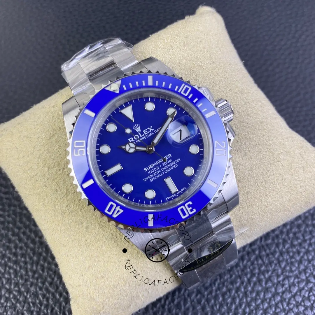 Rolex Submariner 116619LB, three-quarter view on cushion showing case and lugs.