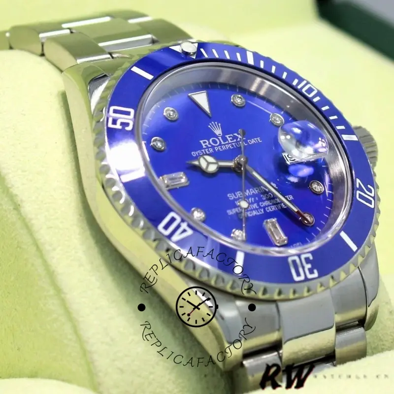 Angled close-up of Rolex Submariner 16610 showing blue bezel and diamond dial details.