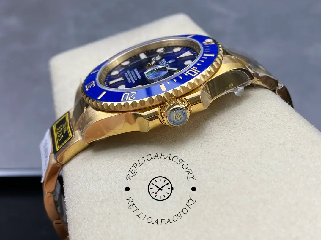 Side profile of Rolex Submariner 116618LB showing blue bezel and crown.
