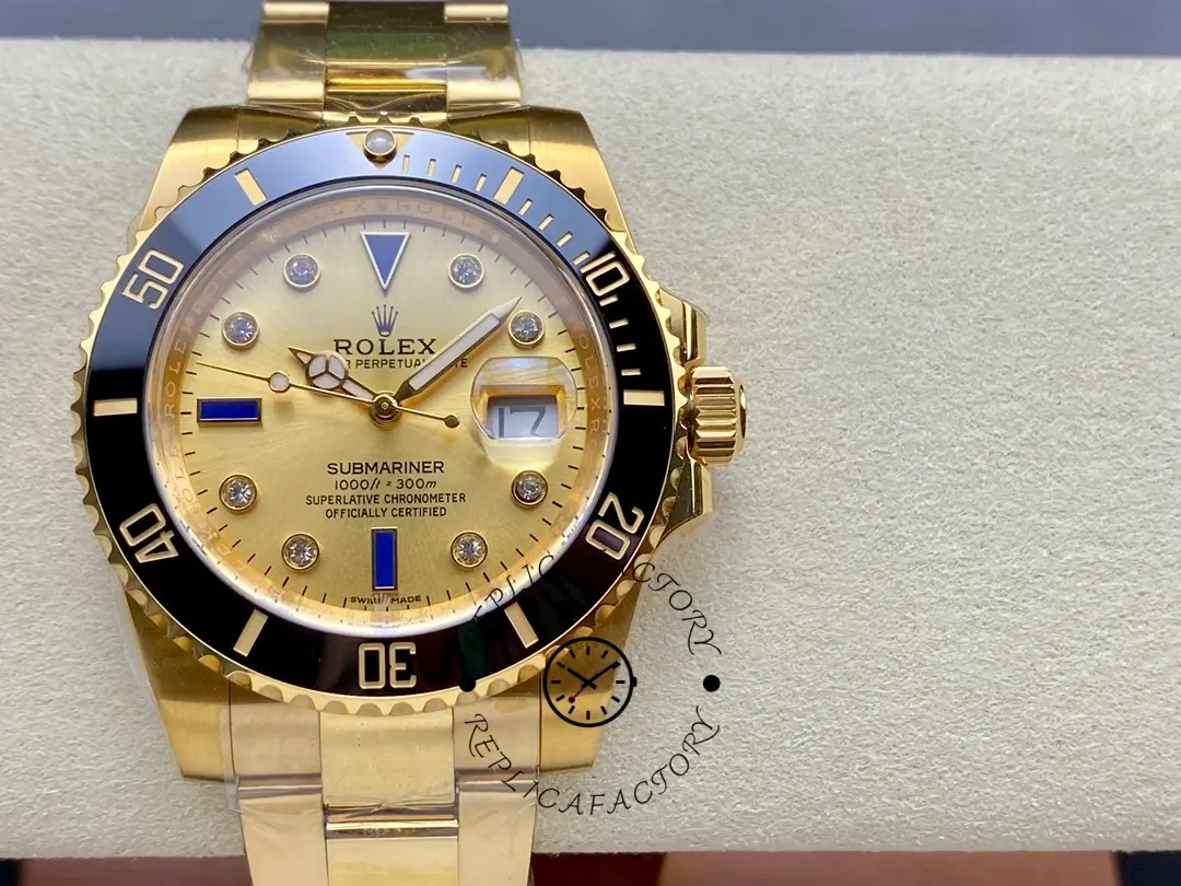 Rolex Submariner 40 18k Champagne Diamond Dial Black Bezel 16613T Gold Watch