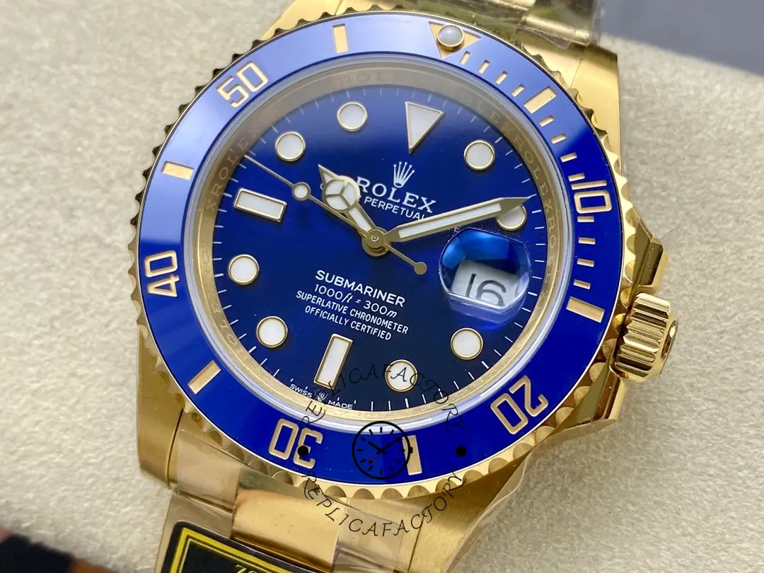 Angled view of Rolex Submariner Date 116618LB highlighting blue dial.