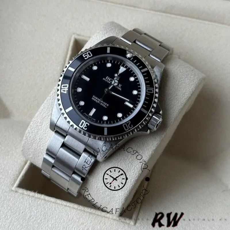 Rolex Submariner 14060M resting on cushion, highlighting the black dial and steel case.