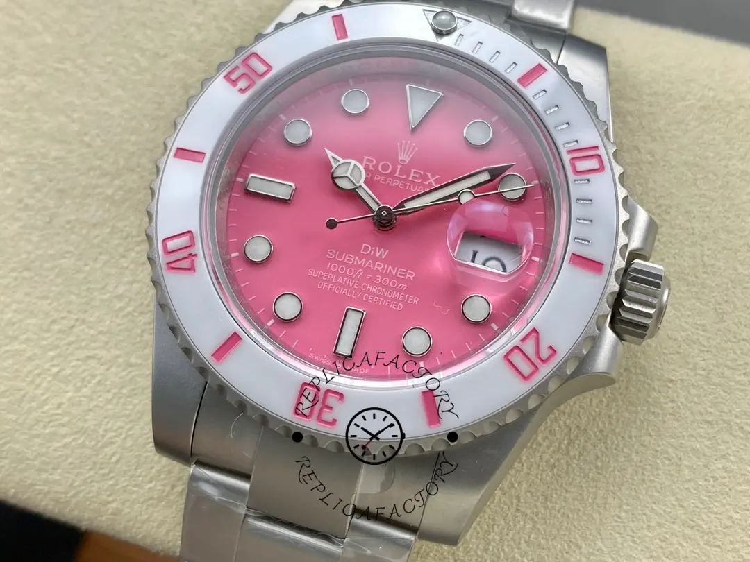 Rolex DIW Submariner Date 116610, angled close-up showing the case and pink dial.