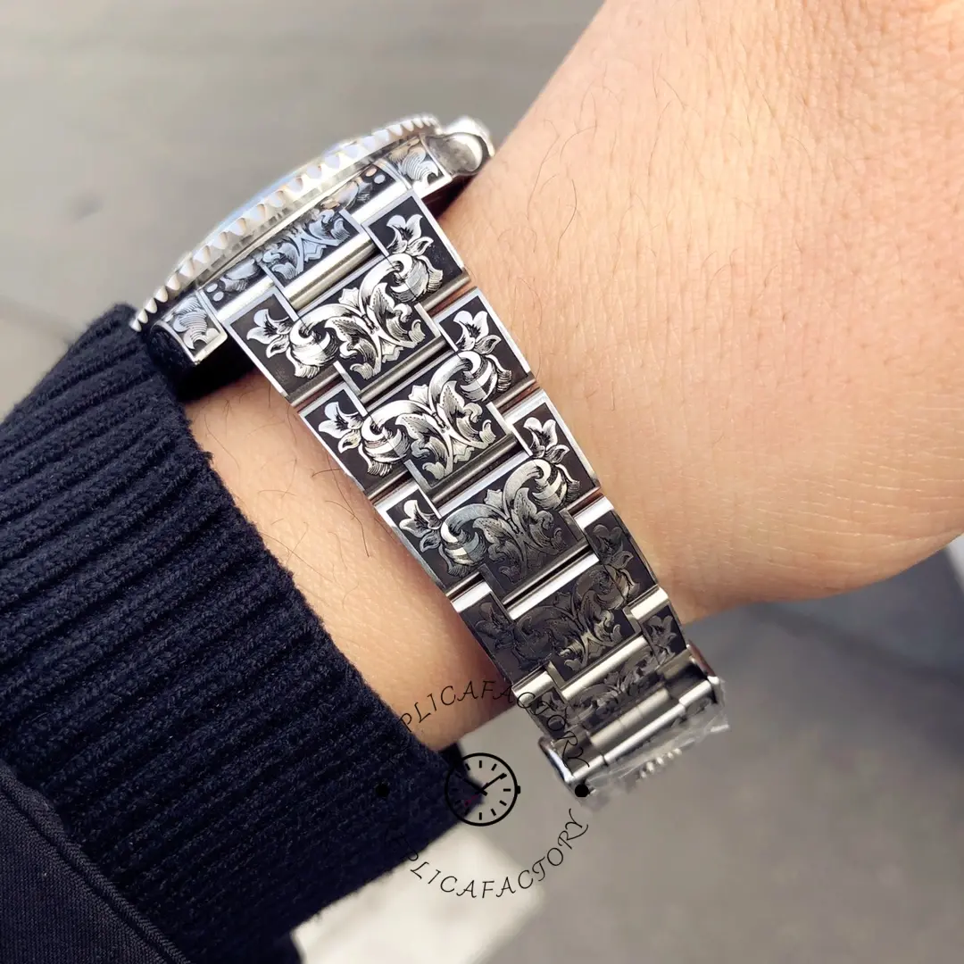 Rolex Submariner Huckleberry Custom Green, wrist shot highlighting gem-set bracelet.