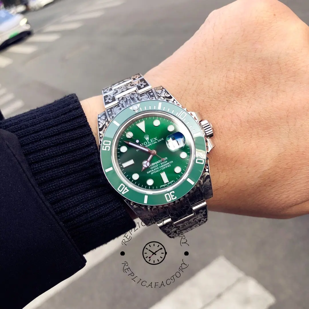 Rolex Submariner Huckleberry Custom Green, wrist shot, dial centered.