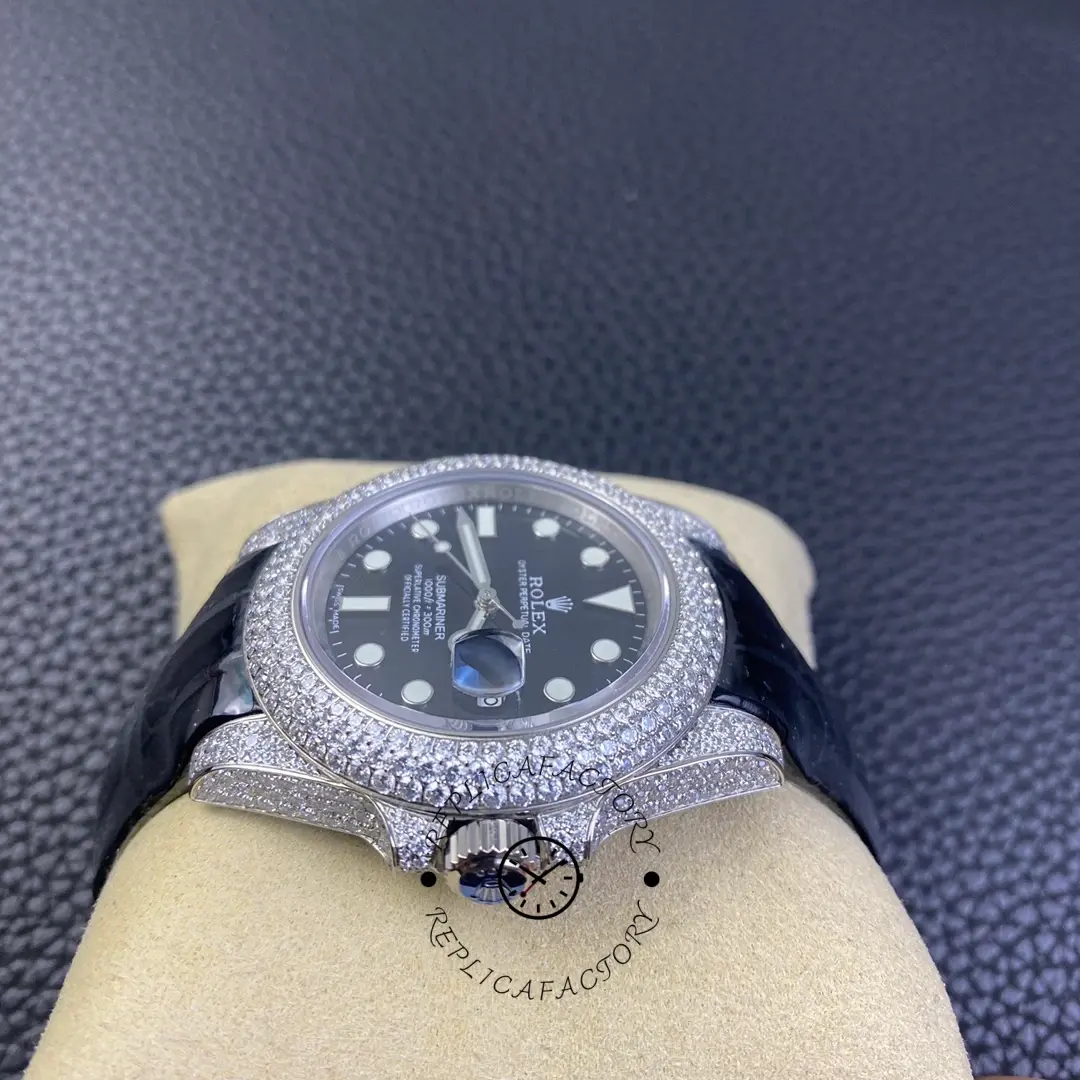 Rolex Submariner 116610, angled pillow view highlighting case, crown and lugs.