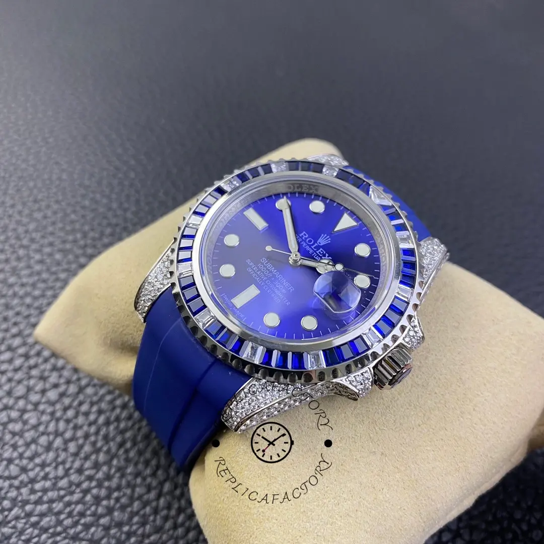 Side view of Rolex Submariner 116610 showing blue rubber strap, lugs, and diamond-set case profile.