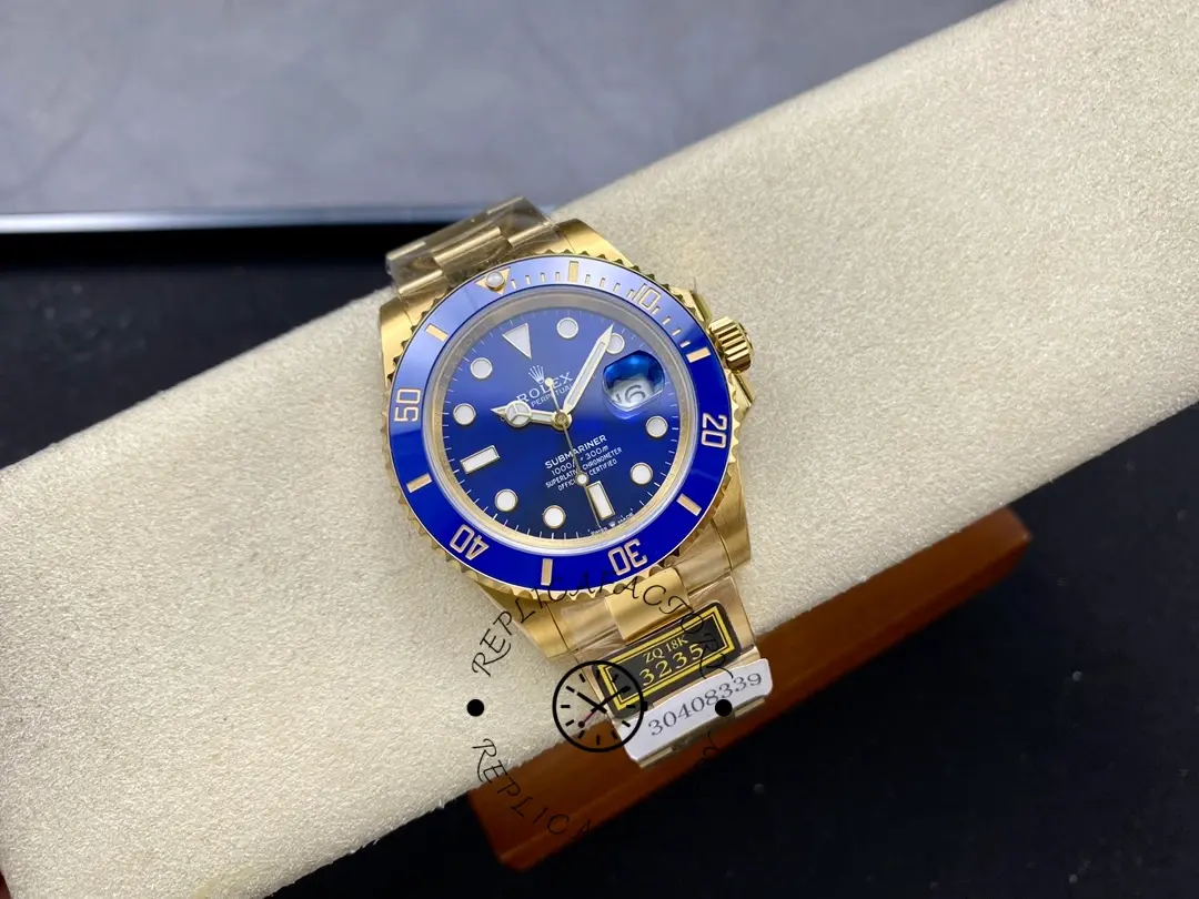 Rolex Submariner Date 116618LB on wrist roll, full view of gold bracelet  with blue dial.